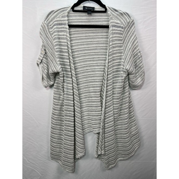 AB Studio Sweaters - AB‎ Studio Womens Grey White Striped Open Front Cardigan Sweater Size M Roll Tab